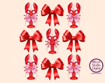 Lobster Colorful Coquette Red Png, Sublimation File, Transfer Prints, Instant Download, Mama Lobster Design Bow Cute Design Png New Summer