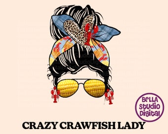 Messy Bun Colorful Crawfish Lady Png, Sublimation File, Transfer Prints, Instant Download, Mama Crawfish Lady Lobster Lemon Design
