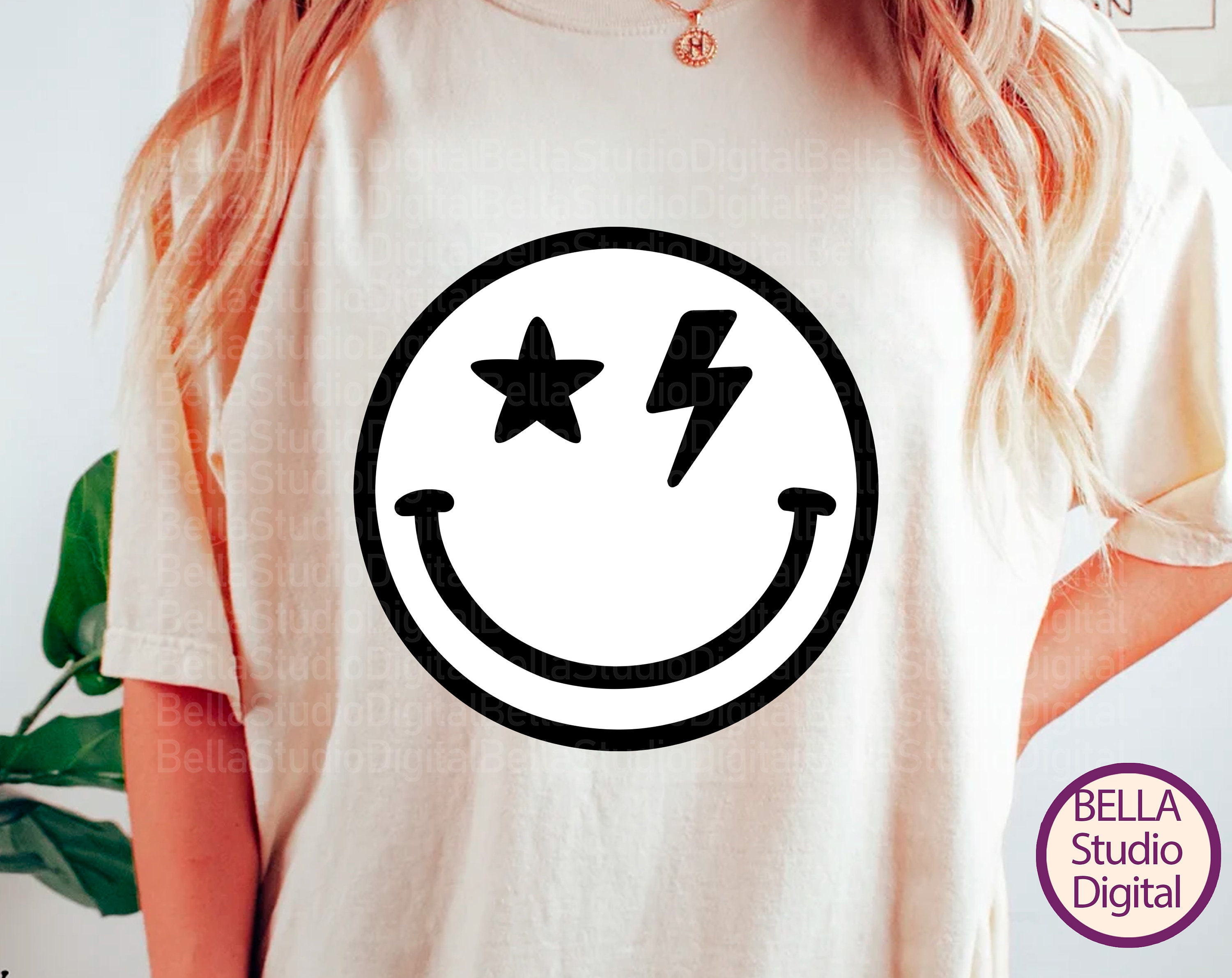 Pretty Black Smiley, Lightning Bolt Smile SVG PNG White - sublimation file shirt design, Rock and Roll, Smile face png sublimation, Summer