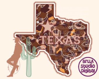Leopard Texas Map Png, Texas Lover, Archivo de sublimación Png para camiseta impresa y diseño de cactus vaquero Descarga instantánea personalizada Western Retro Png