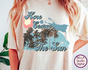 Here Comes The Sun Png, Palm trees sun Summer Design, Trendy Tshirt Sublimation and Palms - Dtf Print File, Sky Blue Green, Summer Bum Beach