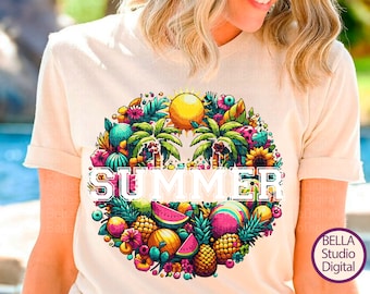 Colourful Summer PNG SVG Digital Art, Pineapple, Watermelon, Palm Trees, Sun, Print File T-Shirts, Bags, Sweatshirts Transparent Background