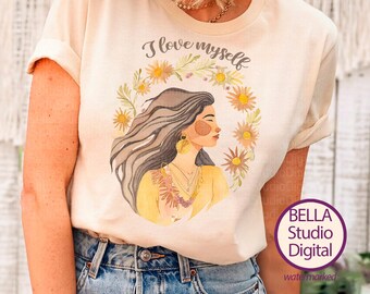 I love myself PNG, Retro Woman Illustration, POD Design Clipart, Woman Western Self love, Digital Print Sublimation file Girl Power Gift PNG