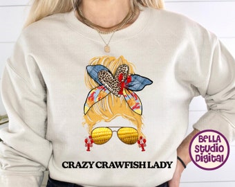 Messy Bun Colorful Crawfish Lady Png, Sublimation File, Transfer Prints, Instant Download, Crawfish Season Corn Lemon Lobster Lemon Design