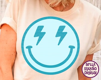 Pretty Blue Smiley, Lightening Bolt Smile SVG, PNG, Pdf Dxf -Eps sublimation file shirt design, Svg Bundle, Smile face sublimation DTF File