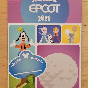 The Cool Kids Summer 2026 guide map for Epcot features cartoon images of Goofy, Frozen characters, Ratatouille, and Spaceship Earth.