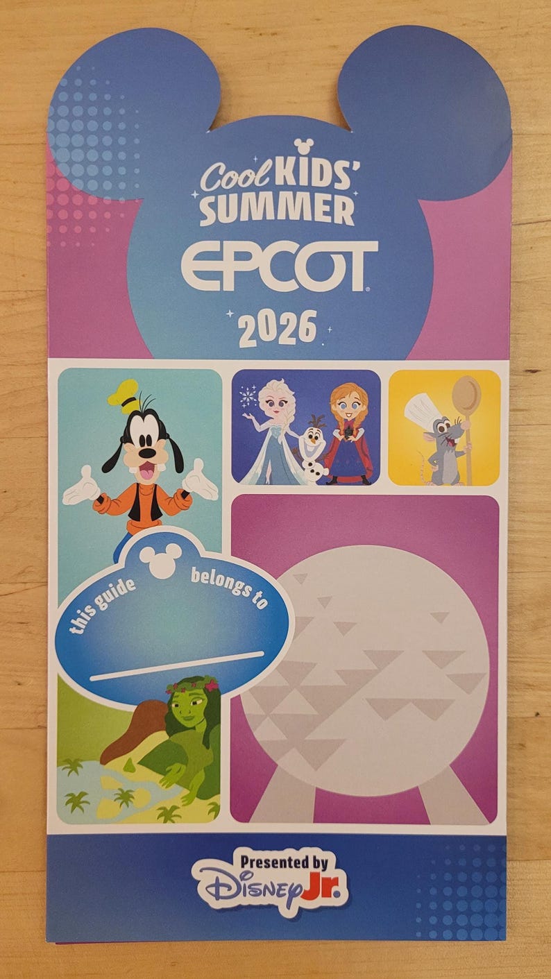 The Cool Kids Summer 2026 guide map for Epcot features cartoon images of Goofy, Frozen characters, Ratatouille, and Spaceship Earth.