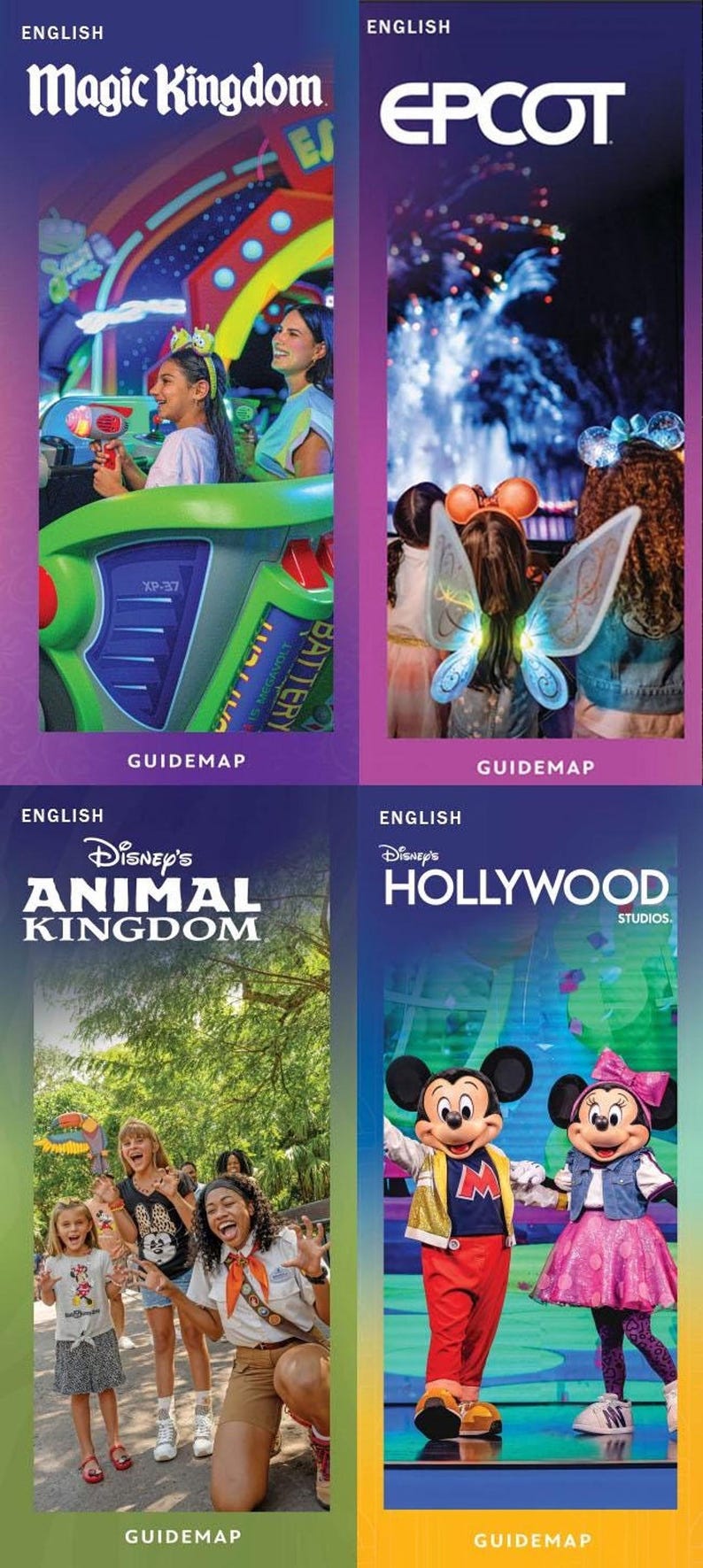 Four Walt Disney World park guidemap brochures featuring Magic Kingdom, Epcot, Animal Kingdom, and Hollywood Studios.