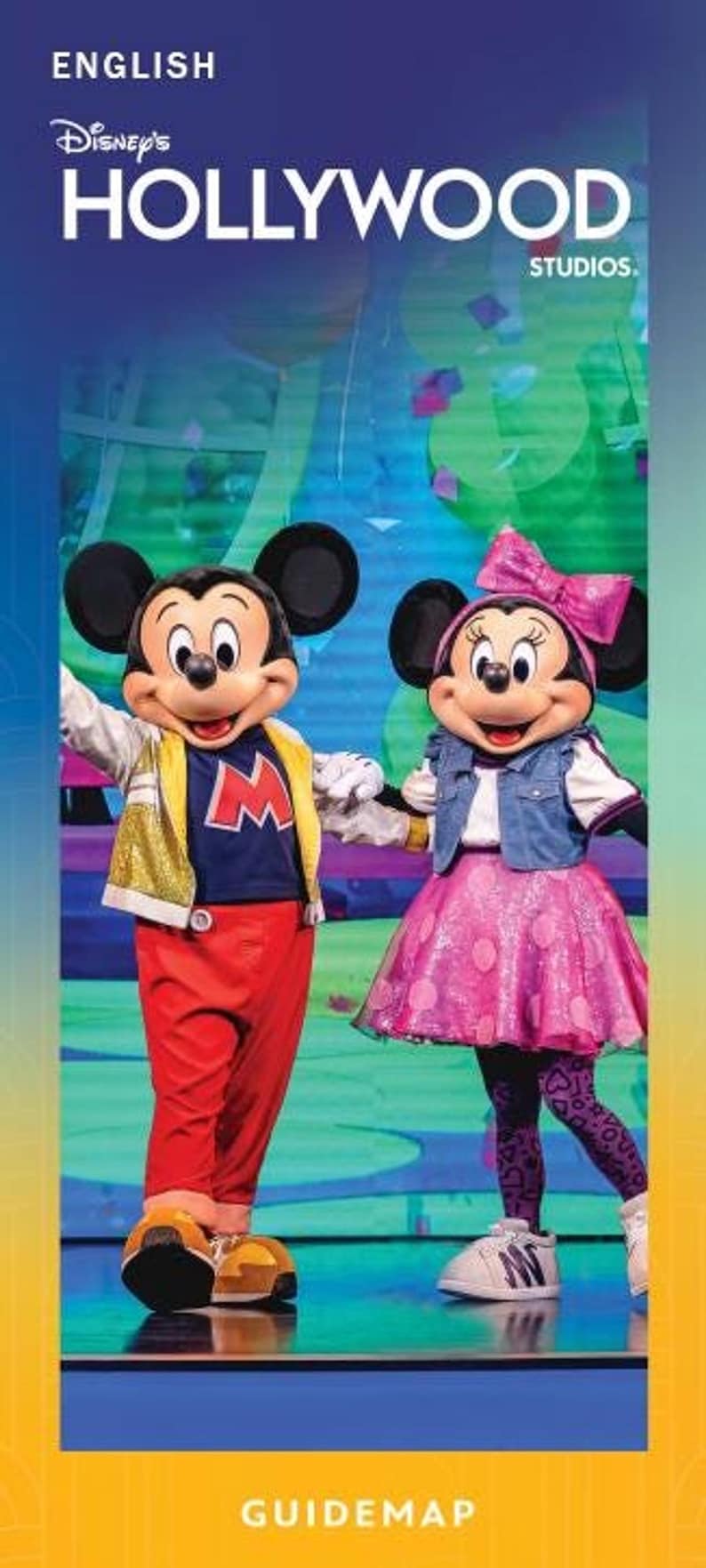 A Disney's Hollywood Studios English guidemap brochure featuring Mickey Mouse and Minnie Mouse in stage outfits.