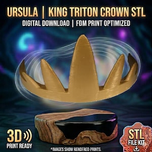 A rendered digital promotion graphic showing a gold crown with five upward-pointing triangular spikes above a circular wooden pedestal, with text reading Ursula King Triton Crown STL.