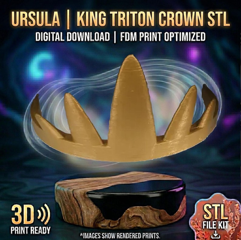 A rendered digital promotion graphic showing a gold crown with five upward-pointing triangular spikes above a circular wooden pedestal, with text reading Ursula King Triton Crown STL.