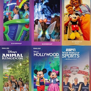 Seven Walt Disney World map brochures arranged in a two-row grid on a dark surface.