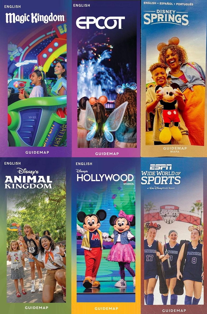 Seven Walt Disney World map brochures arranged in a two-row grid on a dark surface.