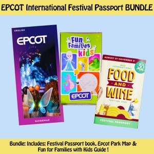 May include: EPCOT International Festival Passport bundle featuring a purple EPCOT guidemap, a green Fun for Families with Kids guide, and a cream-coloured EPCOT International Food and Wine Festival 2024 passport book with colourful character illustrations.
