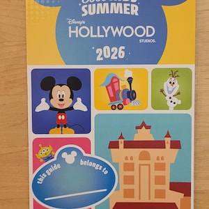The Cool Kids Summer 2026 guide map for Hollywood Studios features illustrations of Mickey Mouse, a train, Olaf, and the Tower of Terror.
