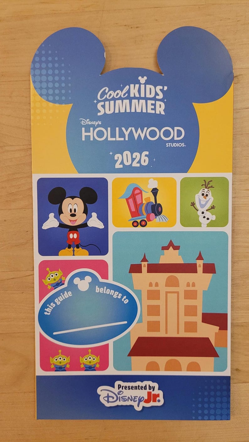 The Cool Kids Summer 2026 guide map for Hollywood Studios features illustrations of Mickey Mouse, a train, Olaf, and the Tower of Terror.