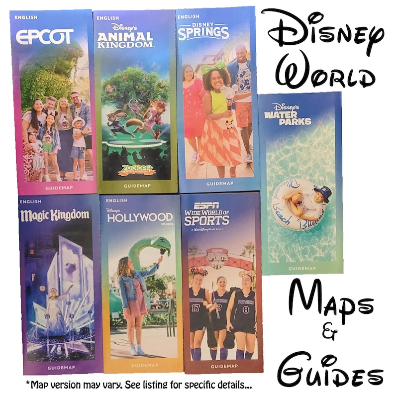 A collection of seven Walt Disney World park map brochures including Epcot, Animal Kingdom, Disney Springs, Magic Kingdom, Hollywood Studios, ESPN Wide World of Sports, and Disney Water Parks.
