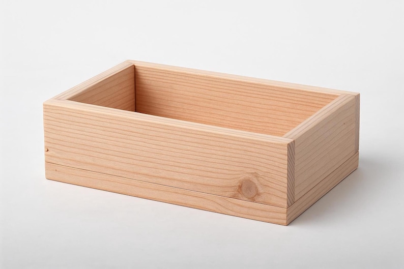 A rectangular unfinished light wood box resting on a plain white surface.