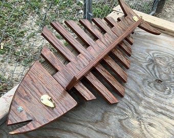 wooden handcrafted fish shelf wall hanging skeleton fish spine wood craft DreamBig