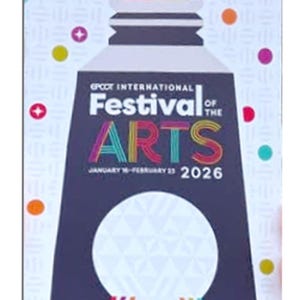 The cover of the Epcot International Festival of Arts 2026 festival passport features a large paint tube graphic with colorful streams.