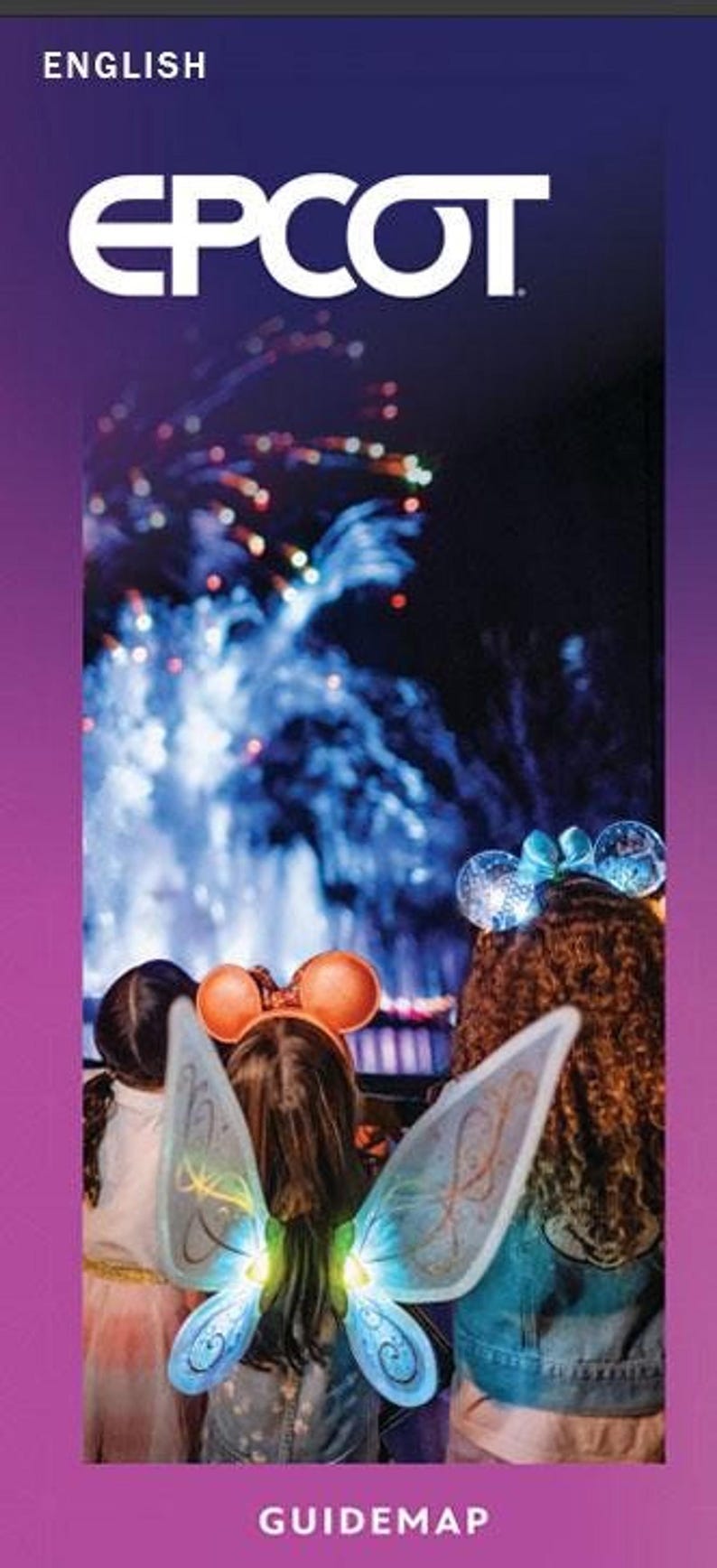An Epcot English guidemap brochure featuring children watching fireworks with glowing fairy wings and mouse ears.