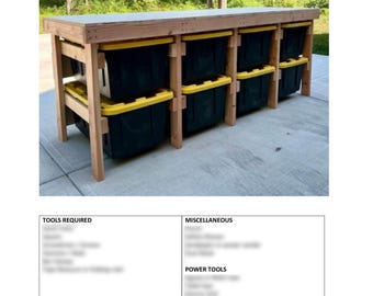 May include: A wooden workbench with eight storage totes. The workbench is made of natural wood and has a light brown finish. The totes are black with yellow lids. The workbench is labeled "8 Tote Storage Workbench".