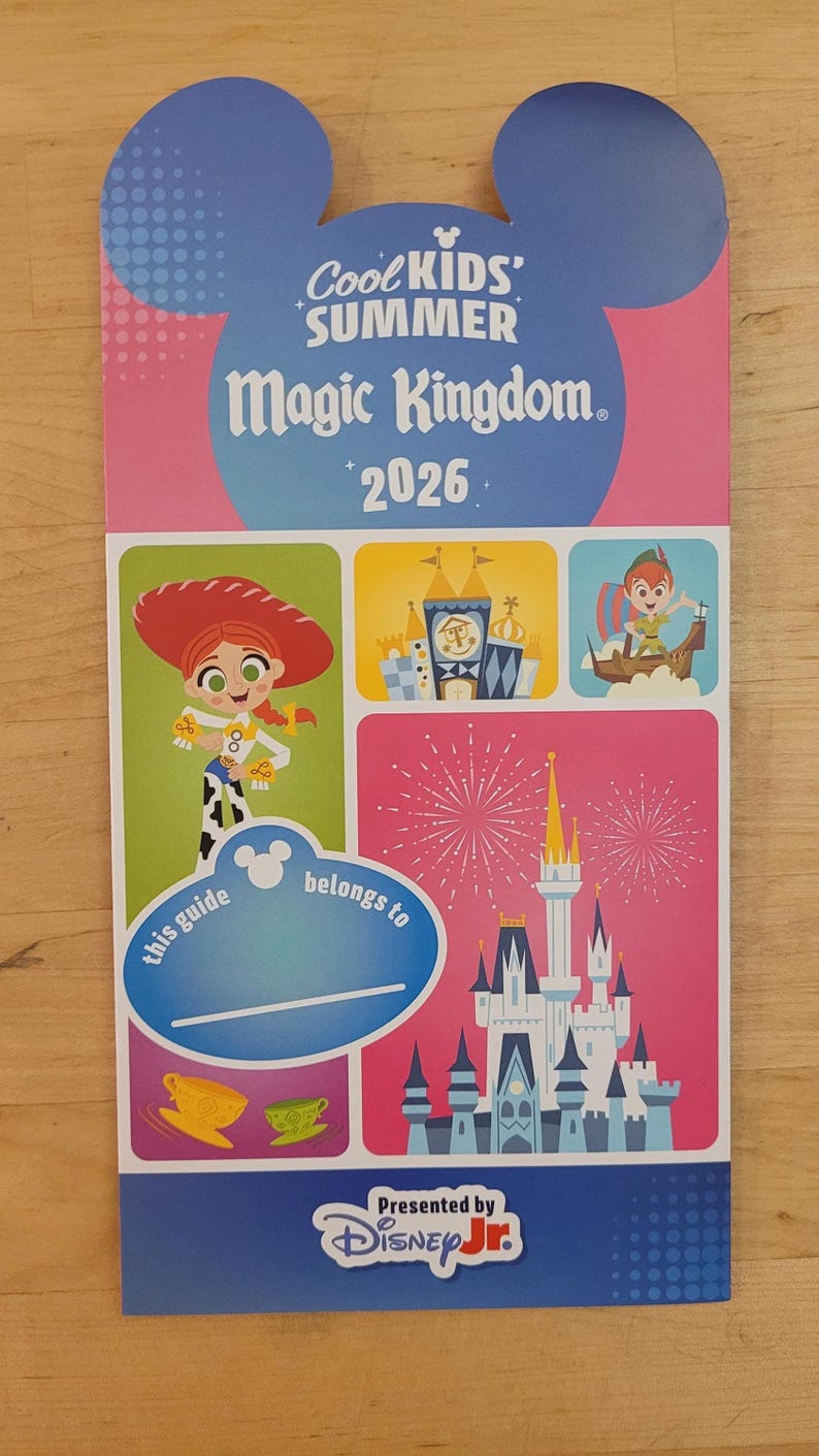 The Cool Kids Summer 2026 guide map for Magic Kingdom features Jessie from Toy Story, Peter Pan, and Cinderella Castle with fireworks.
