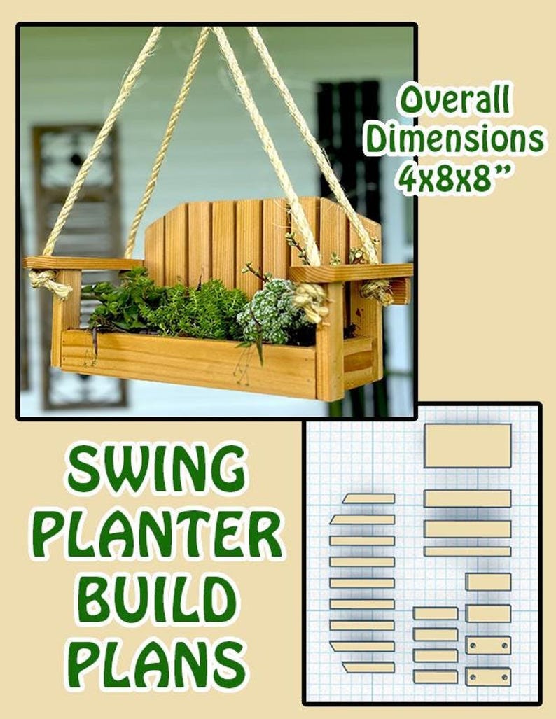 A promotional image for swing planter build plans featuring a photo of the finished planter with green plants, text indicating overall dimensions of 4x8x8, and a blue grid diagram showing wood cutting pieces.