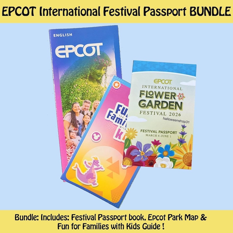 A promotional flat lay shows an Epcot park map, a Fun for Families guide, and an Epcot International Flower and Garden Festival 2026 passport.