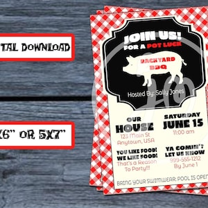 Op de afbeelding: Een rechthoekige uitnodigingskaart met een rood-witte gingham rand. Het midden bevat een zwart decoratief kader met een wit silhouet van een varken met de tekst BACKYARD BBQ en details over de datum, tijd en locatie van het evenement.