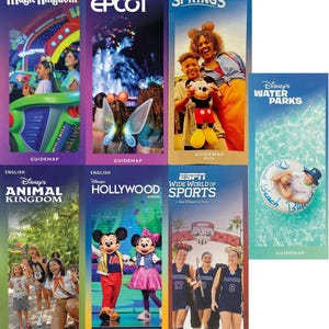 A grid of seven Walt Disney World park and resort guidemap brochures laid out on a flat surface.