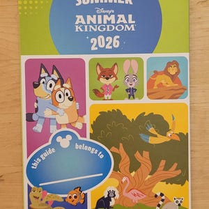 The Cool Kids Summer 2026 guide map for Animal Kingdom features Bluey characters, Zootopia characters, and various safari animals.