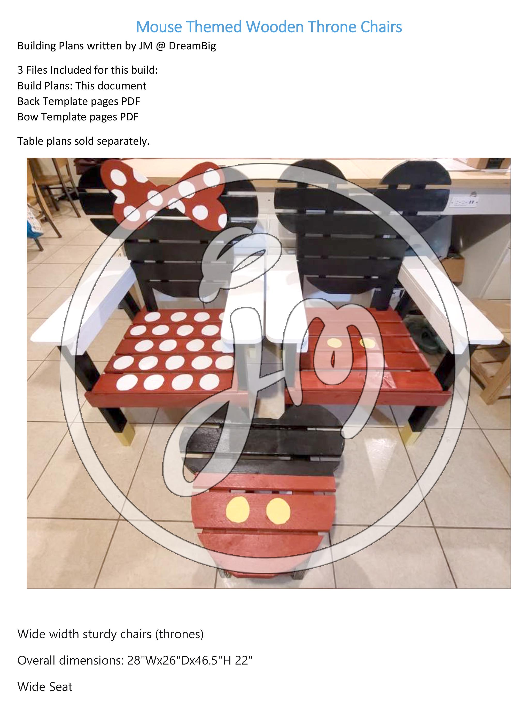 Downloadable DIY Mouse head Themed Wooden Throne Chairs Woodworking Blueprint Build Plans mickey Wide sturdy chairs no minnie sized.