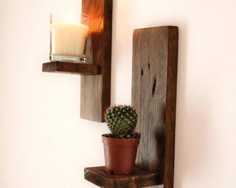 Wooden Wall Shelf, Brown Wood Candle Display with Raised Backboard