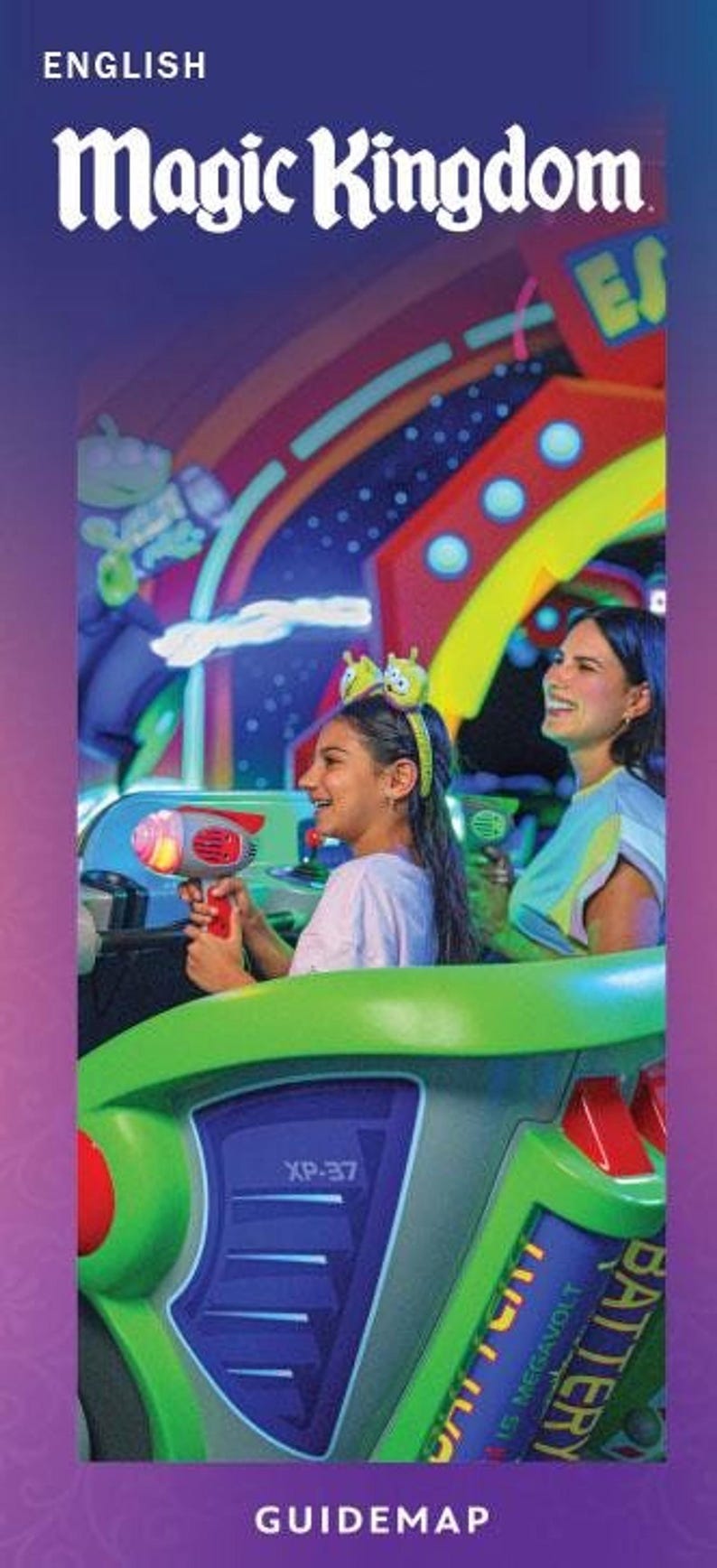 A Magic Kingdom English guidemap brochure featuring a child riding the Buzz Lightyear ride and aiming a laser blaster.