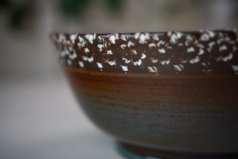Medium Teal and Brown Ceramic Bowl w White Embossed Rim