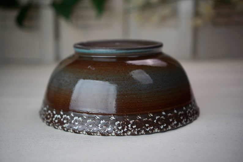 Medium Teal and Brown Ceramic Bowl w White Embossed Rim