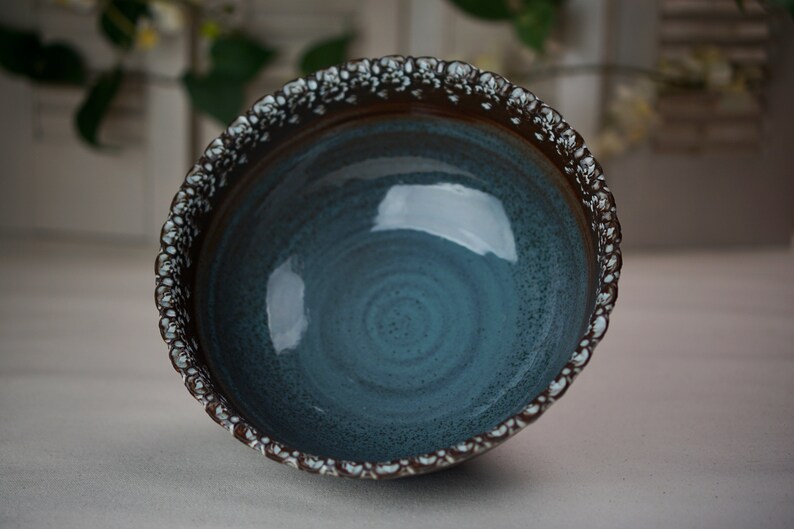 Medium Teal and Brown Ceramic Bowl w White Embossed Rim