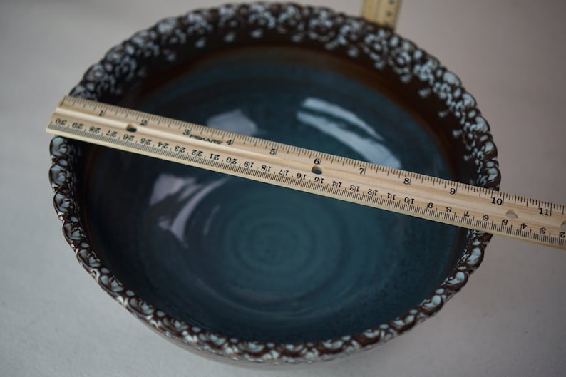 Medium Teal and Brown Ceramic Bowl w White Embossed Rim