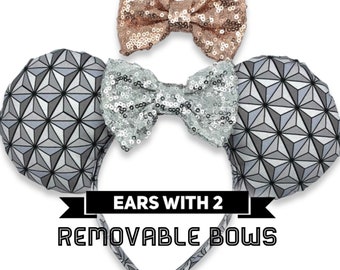 Spaceship Earth Mouse Ears with 2 Removable Sequin Bows | Mickey Ears | Minnie Ears Headband