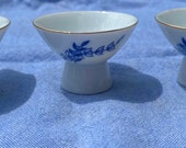 Set of 3 Gekkeikan Pedestal Sake Dishes Cups Blue and White Made in Japan