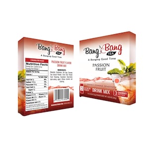 May include: Two rectangular boxes of Bang Bang Tea passion fruit drink mix. The packaging features a nutrition facts label, ingredient list, barcode, and text stating 3 on-the-go packets, 3 calories per pack, and a net weight of 1.05 oz.