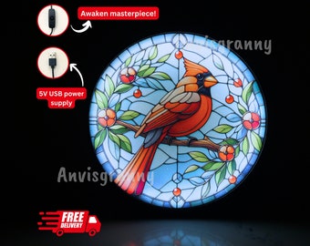 Einzigartige Sonnenfängerlampe • Buntglaslampe • Kardinalvogel • Individuelles Buntglas • Einzigartiges Muttertagsgeschenk • SGL-01