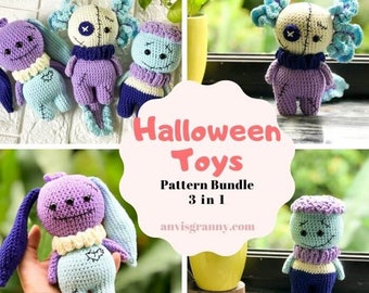 3in1 No-sew Halloween crochet monster amigurumi PATTERN, Spooky crochet doll tutorials, Voodoo doll, Scary Bunny, Zombie plushies (PDF, ENG)
