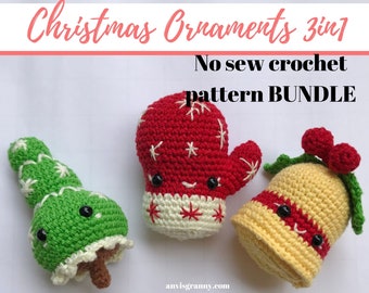 3in1 Christmas Ornament Crochet PATTERN Bundle, No-sew Christmas Ornaments Tutorial, Christmas Decor Ornaments: Mitten, Bell, Tree (English)