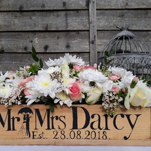 Wedding Centrepiece FLOWER BOX PERSONALISED Rustic Barn Mr Mrs Woodland Wooden box Engagement Gift Valentines day gift 40cm long