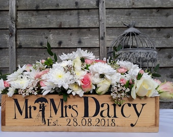 Wedding Centrepiece FLOWER BOX PERSONALISED Rustic Barn Mr Mrs Woodland Wooden box Engagement Gift Valentines day gift 40cm long