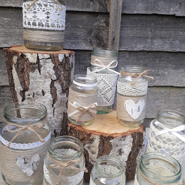 10 Vintage Look Wedding Lights Handmade Hessian Glass Jars Tea Light Candle Holders Rustic Decor barn wedding table centerpieces