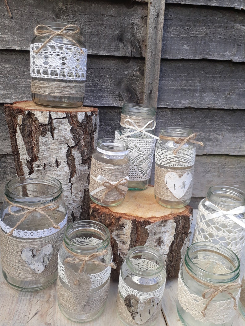 10 Vintage Look Wedding Lights Handmade Hessian Glass Jars Tea Light Candle Holders Rustic Decor barn wedding table centerpieces 10 MIXED JARS