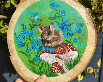 Mouse illustration Hand painted Forget-me-not flowers Animals Placemats wooden pictures Coasters Personalized Rustic Wood Log picture